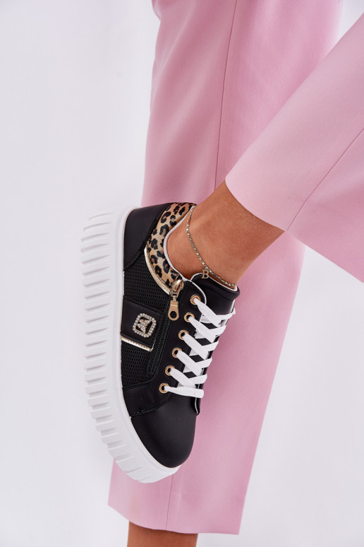 Turnschuhe Feminin mit einer Plattform aus Öko-Leder mit Leopardenfellmuster schZuarze Farbe Velionna