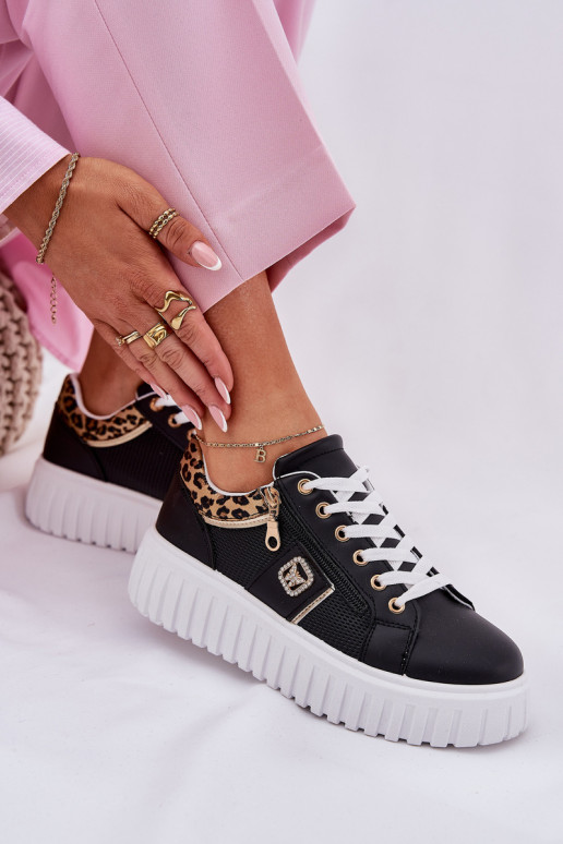 Turnschuhe Feminin mit einer Plattform aus Öko-Leder mit Leopardenfellmuster schZuarze Farbe Velionna