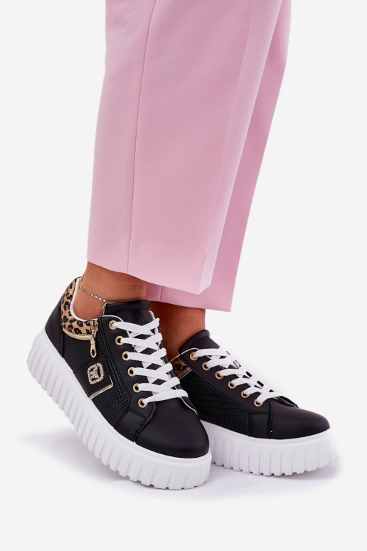 Turnschuhe Feminin mit einer Plattform aus Öko-Leder mit Leopardenfellmuster schZuarze Farbe Velionna