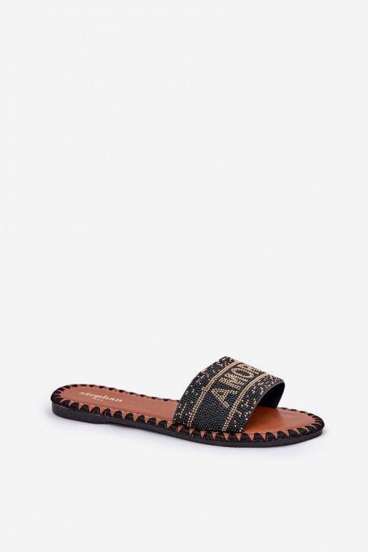 Damenhausschuhe mit breiten Absätzen Mit Dekoration schZuarze Farbe Dorfedi