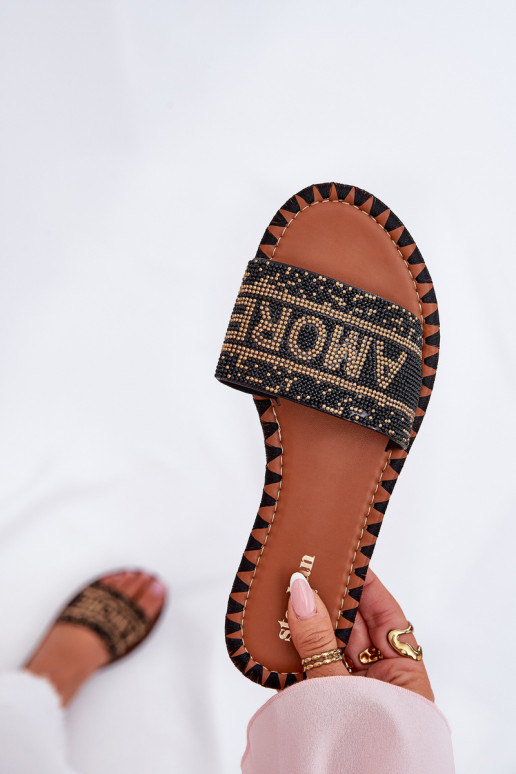 Damenhausschuhe mit breiten Absätzen Mit Dekoration schZuarze Farbe Dorfedi