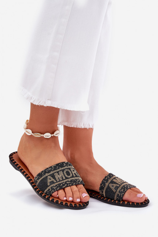 Damenhausschuhe mit breiten Absätzen Mit Dekoration schZuarze Farbe Dorfedi