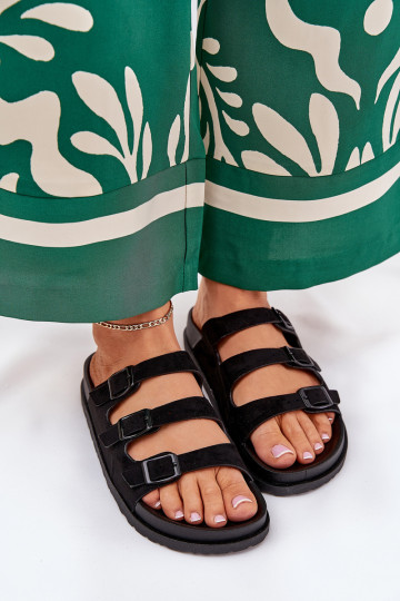 Damenhausschuhe mit Streifen I mit Schnallenmi schZuarze Farbe Uliri