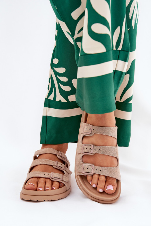 Damenhausschuhe mit Streifen I mit Schnallenmi Beige Uliri