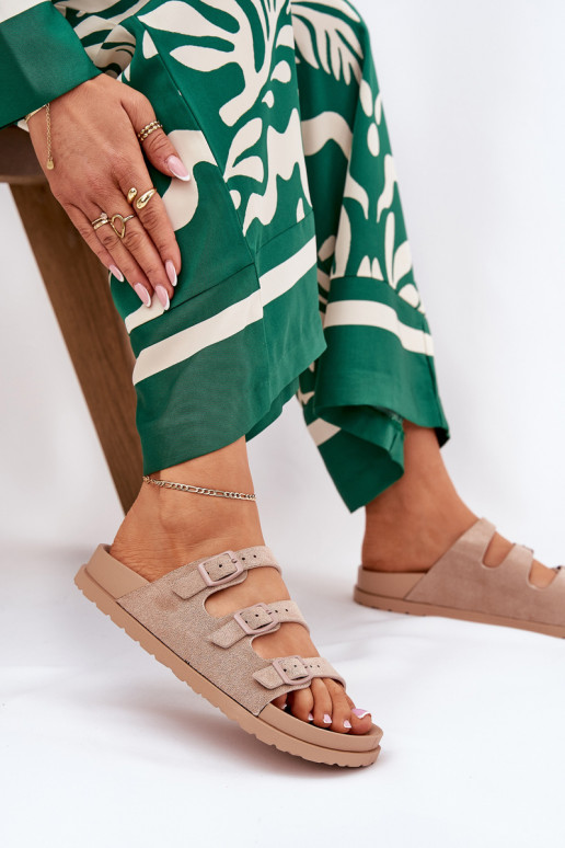 Damenhausschuhe mit Streifen I mit Schnallenmi Beige Uliri