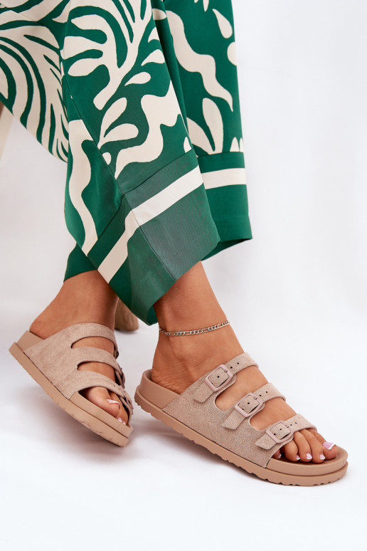 Damenhausschuhe mit Streifen I mit Schnallenmi Beige Uliri