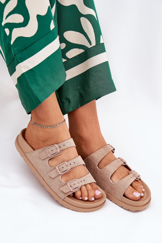 Damenhausschuhe mit Streifen I mit Schnallenmi Beige Uliri