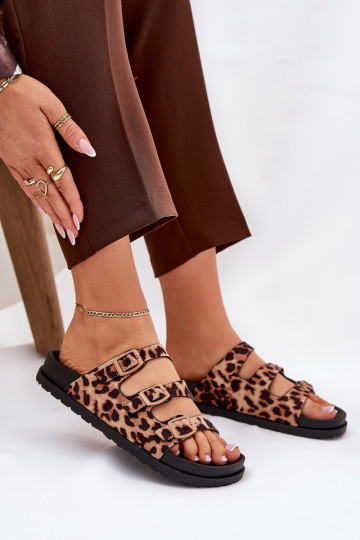 Damen Pantoletten mit Riemen und Schnallen mit Leopardenmuster in Braun Uliri