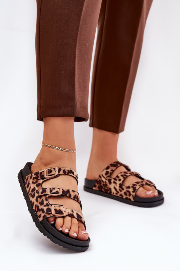 Damen Pantoletten mit Riemen und Schnallen mit Leopardenmuster in Braun Uliri 2