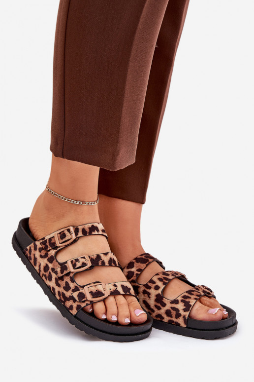 Damenhausschuhe mit Streifen I mit Schnallenmi mit Leopardenfellmuster braune Farbe Uliri