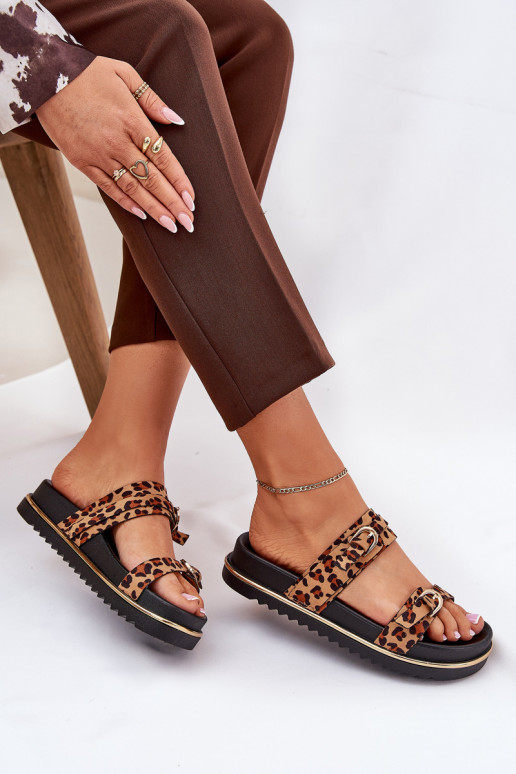 Damenhausschuhe mit Leopardenfellmuster mit einer Plattform mit Streifen I mit Schnallenmi braune Farbe Ziferte