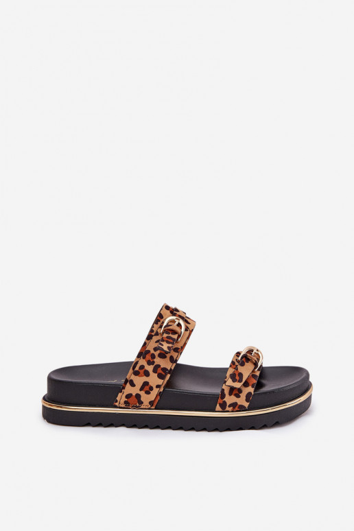 Damenhausschuhe mit Leopardenfellmuster mit einer Plattform mit Streifen I mit Schnallenmi braune Farbe Ziferte