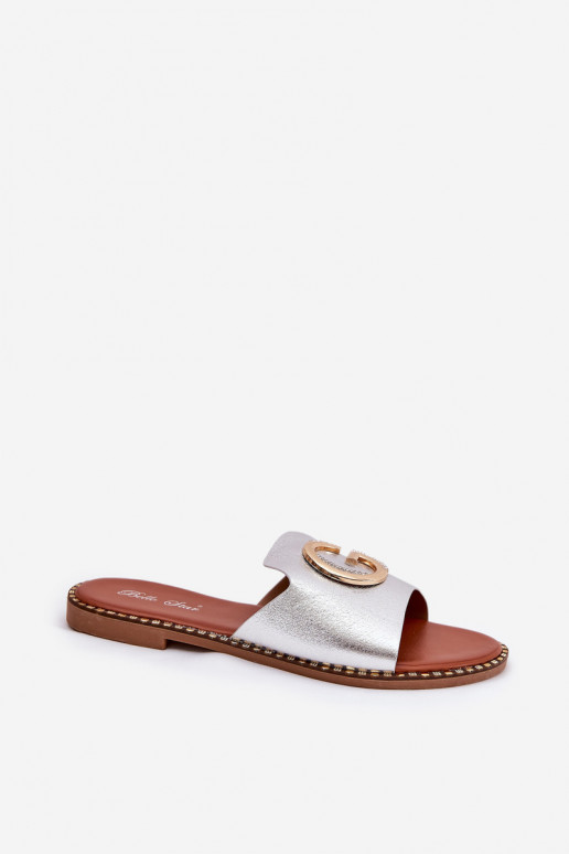 Eko Haut gleichschenklig Damenhausschuhe Mit Dekorationen Detalem Silberfarbe Frelie