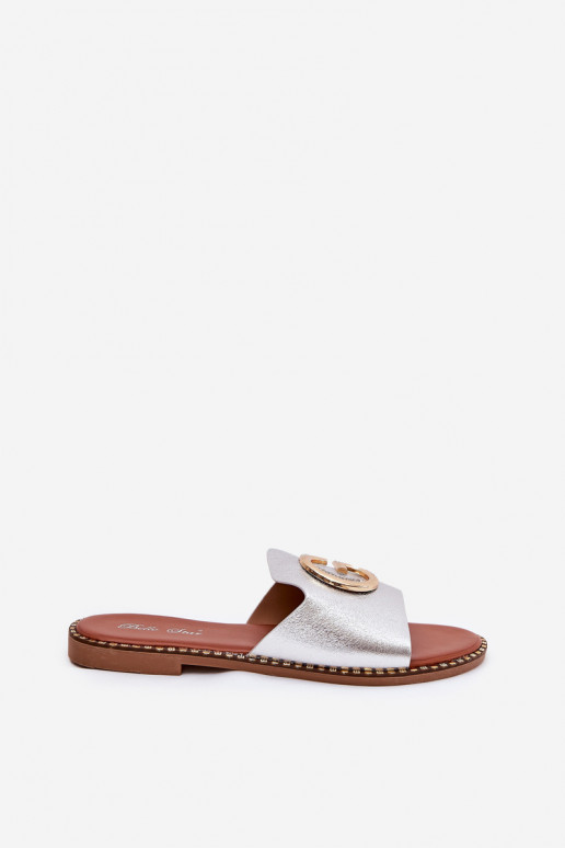 Eko Haut gleichschenklig Damenhausschuhe Mit Dekorationen Detalem Silberfarbe Frelie