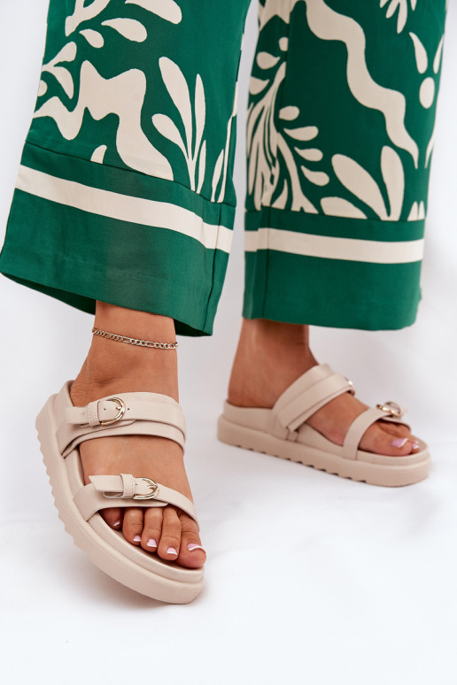 Damenhausschuhe mit einer Plattform Ze goldene Farbemi mit Schnallenmi Beige INernone