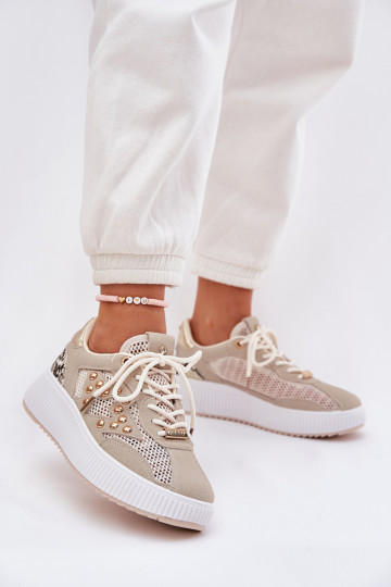 Sportschuhe Damen mit Netz und Stollen in Sandfarbe Ogalda