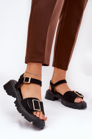 Damen Plateau-Sandalen aus Kunstvelours in Schwarz