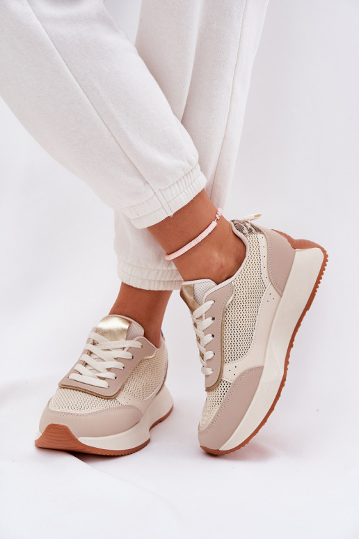 Turnschuhe Feminin mit Netz mit einer Plattform Beige Poova Turnschuhe Feminin mit Netz mit einer Plattform Beige Poova