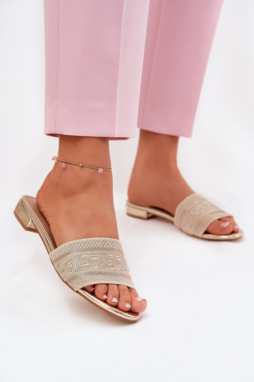 Damenhausschuhe mit breiten Absätzen goldene Farbe Fexxy