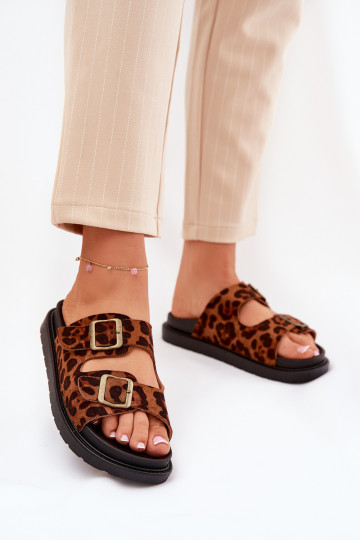 Damen Pantoletten mit Leopardenmuster, Plateau und Schnallen in brauner Farbe Simbes