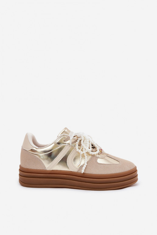 Sneakers Stilvollllschuhe Feminin mit einer Plattform mit schönen Details Beige-goldene Farbe Vinness Sneakers Stilvollllschuhe Feminin mit einer Plattform mit schönen Details Beige-goldene Farbe Vinness