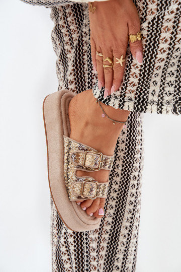 Damenhausschuhe mit einer Plattform mit Schnallen I Plecionką Khaki-Farbe Limme 2