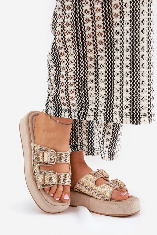 Damenhausschuhe mit einer Plattform mit Schnallen I Plecionką Khaki-Farbe Limme