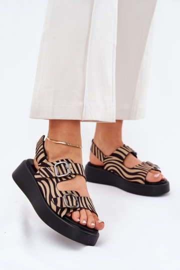 Damen-Sandaletten mit Plateau und Keil mit Schnallen in Zebra-Muster, Sand- und Schwarzfarben Genorre