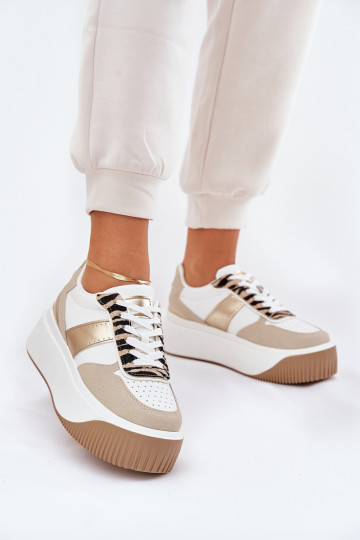 Sneakers Stilvollllschuhe Feminin mit einer Plattform Tiermuster Beige-goldene Farbe Telanila