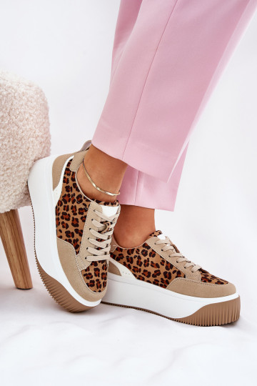 Sneakers Stilvollllschuhe Feminin mit einer Plattform mit Leopardenfellmuster Beige Tamorniel