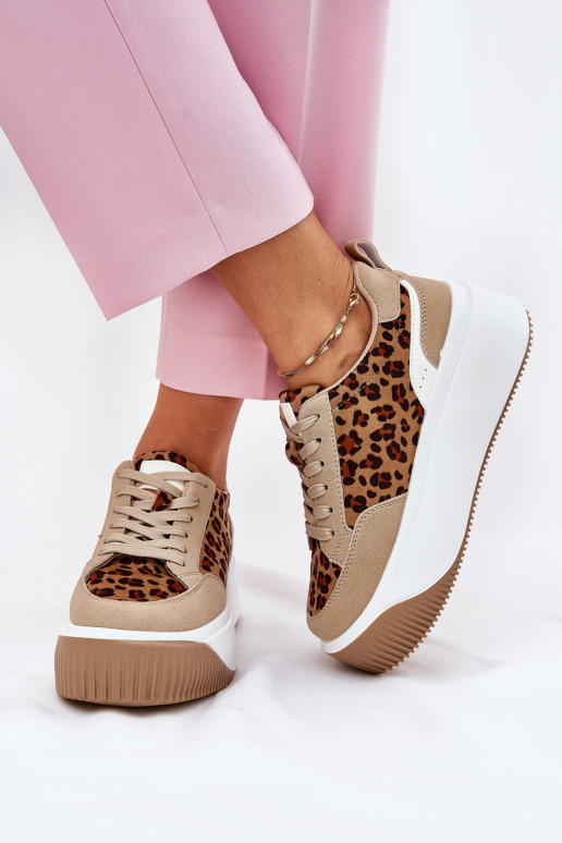 Sneakers Stilvollllschuhe Feminin mit einer Plattform mit Leopardenfellmuster Beige Tamorniel