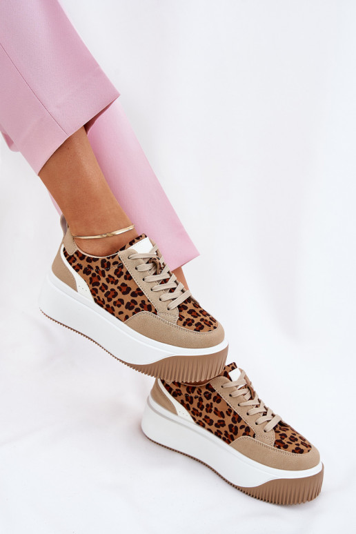 Sneakers Stilvollllschuhe Feminin mit einer Plattform mit Leopardenfellmuster Beige Tamorniel