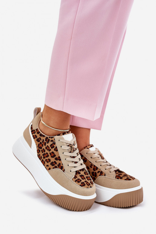Sneakers Stilvollllschuhe Feminin mit einer Plattform mit Leopardenfellmuster Beige Tamorniel